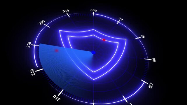 Futuristic glowing shield radar with sweeping indicators and target blips, emphasizing cyber defense, real-time monitoring, and advanced protective digital systems.