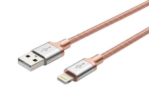 Rose gold iphone lightning cable with usb connector isolated on transparent background