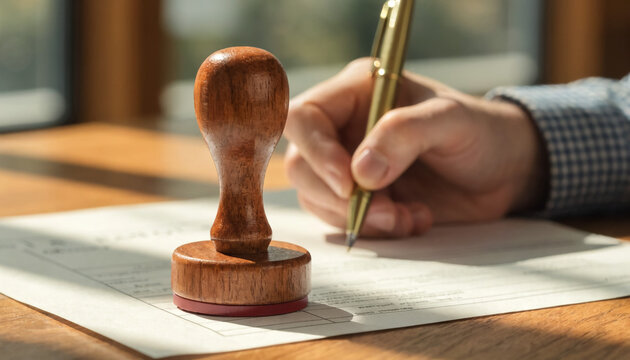 A hand holds a gold pen and signs a document next to a traditional wooden stamp, signifying official approval or notarization.