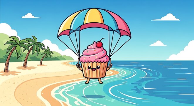 Whimsical illustration of a cupcake with a smiling face, parasailing above a sandy beach and ocean, bright sky