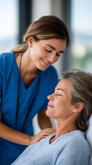 Fototapeta premium Young female nurse in blue scrubs gently cares for a smiling elderly woman, creating a warm and supportive atmosphere. Compassion and trust are evident in their interaction