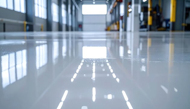 Modern industrial warehouse floor with reflective surface and natural light.