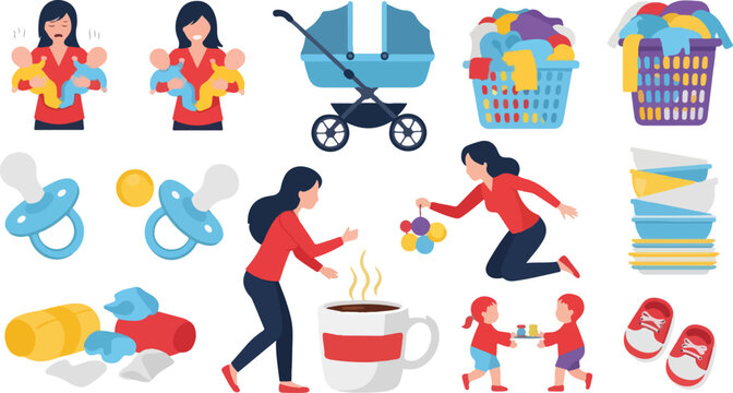 Stay at home mom daily routine icons with laundry chores baby care messy house cleaning and children playing housework.