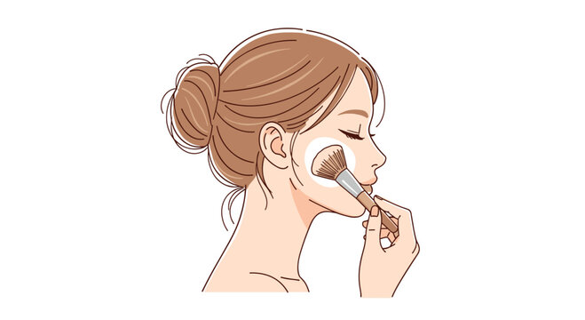 A young woman in profile view carefully applies white setting powder to her cheekbone using a soft makeup brush against a plain white background surface.