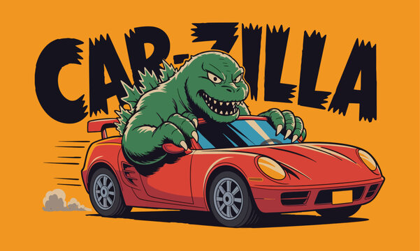 Godzilla drives a sports car a vibrant illustration of the king of monsters behind the wheel