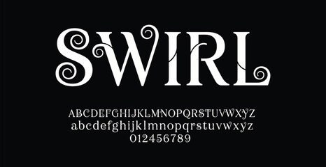 A stylish typography design featuring the word SWIRL in large white letters on a black background with alphabet and numbers © Abrar Hussain