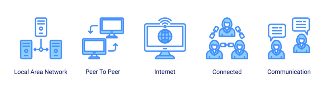 Network flow icon set featuring connection,internet,and communication systems.Suitable for networking and digital communication visuals.