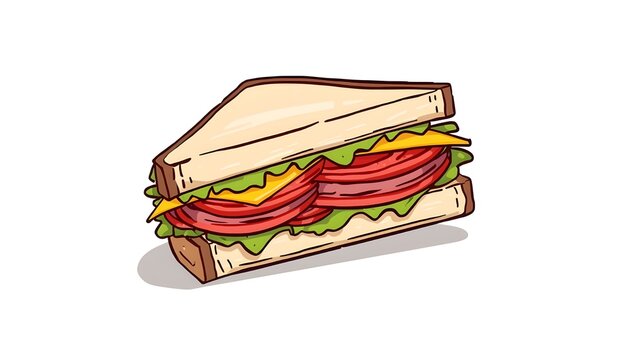 Cartoon sandwich with ham, cheese, and lettuce, cut diagonally, isolated on white background