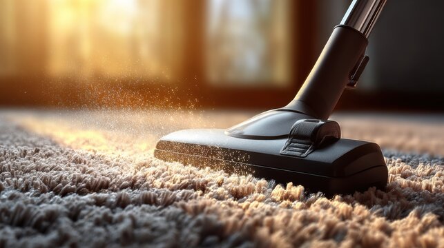 Vacuum cleaner removes dust from carpet in a sunlit room during afternoon hours