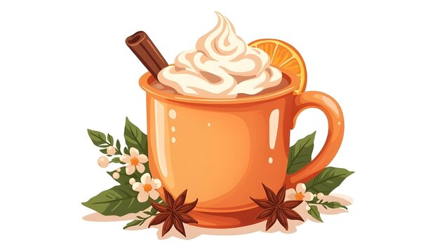 Cozy orange mug of hot chocolate with whipped cream, cinnamon stick, and orange slice, decorated with star anise and white flowers