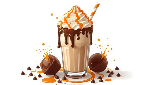 Delicious chocolate caramel milkshake with whipped cream, chocolate bombs, and chocolate chips, isolated on white background