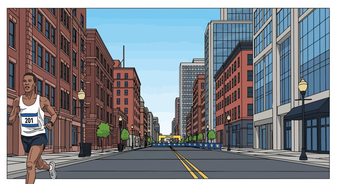 Marathon runner sprinting through city street, urban race competition with brick buildings, athlete running on asphalt road in comic book style vector