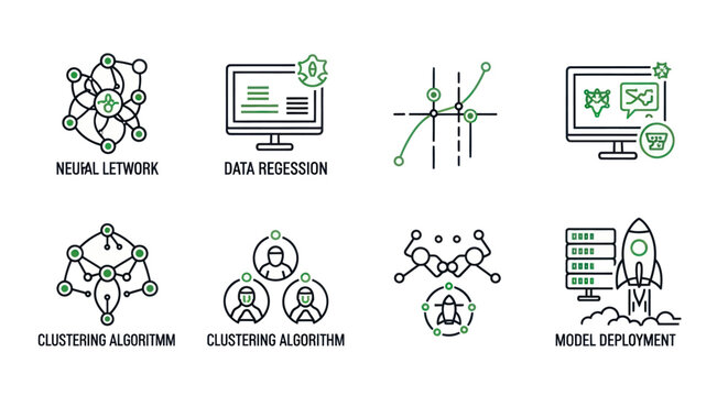 Collection of machine learning and artificial intelligence icons.