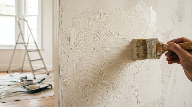 Hand Painting Wall with Brush in Renovated Room with Ladder