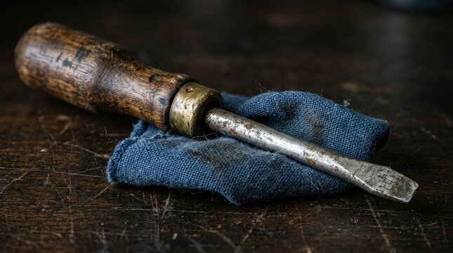 Vintage Metal Tool on Blue Cloth with Wooden Handle for Crafting