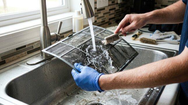Cleaning Air Filter with Water in Kitchen Sink Under Running Tap