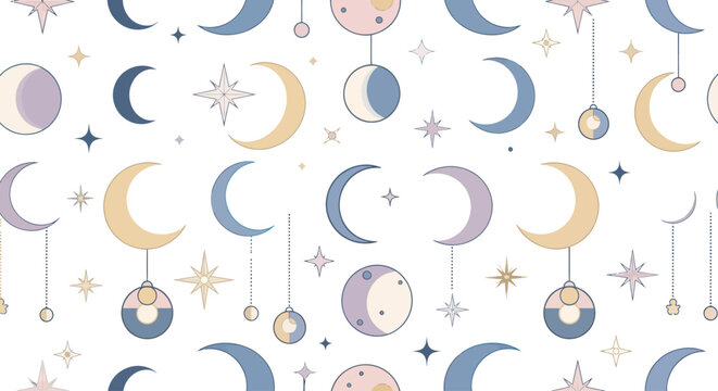 Seamless pattern of moon phases and stars in pastel colors