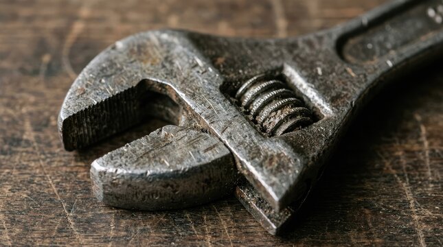 Close-Up of a Rusty Adjustable Wrench on a Wooden Surface