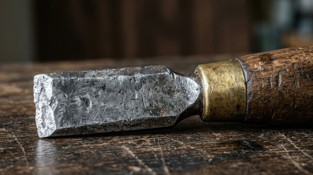 Vintage Woodworking Chisel with Worn Handle on Workbench Surface