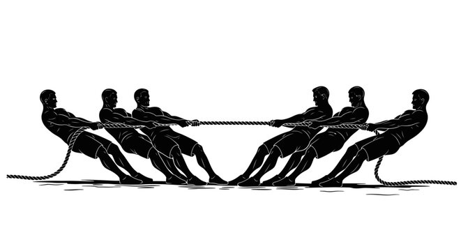 Silhouettes of athletes in a tug of war competition, symbolizing teamwork and strength.