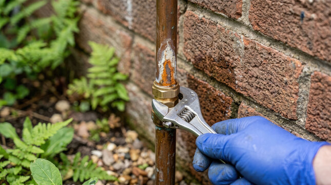 Hand Holding Adjustable Wrench on Copper Pipe for Plumbing Repair