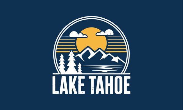Vintage style lake tahoe emblem featuring a sunset mountains trees and water evoking a sense of adventure and tranquility