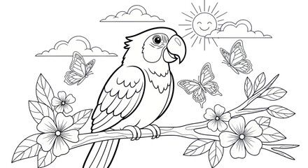Cute parrot on a branch coloring page with butterflies and a smiling sun © mboku