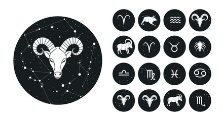 Collection of zodiac signs and astrology constellation symbols with a black and white theme. © mboku