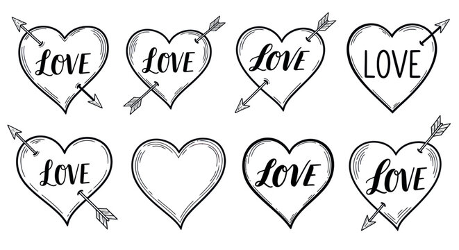 Vintage hand drawn heart sketches with Cupid arrows and love typography