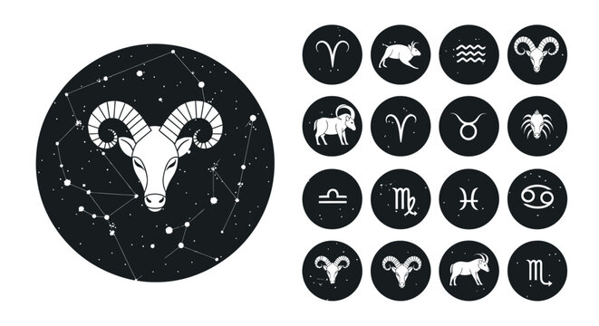 Collection of zodiac signs and astrology constellation symbols with a black and white theme.