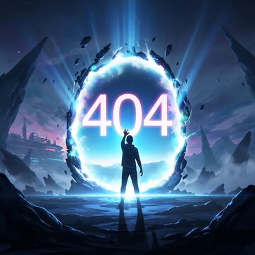 A silhouette of a person standing before a glowing, circular portal displaying a '404' error message, amidst a mountainous landscape
