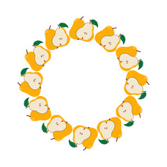 Fototapeta premium A wreath of yellow pears. A round frame with whole and halves of the fruit, and green leaves. Ideal for healthy food labels, organic branding, fall invitations, kitchen decor, or seasonal harvest-them