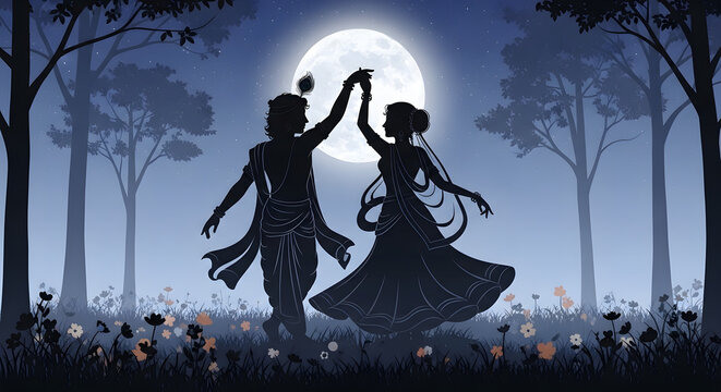 Radha Krishna Divine Dance Silhouette in Moonlight Forest Forest Background