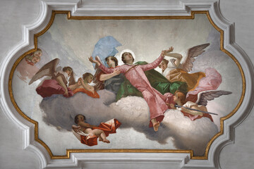 Fototapeta premium BERGAMO, ITALY - MARCH 21, 2026: Fresco of Apotheosis of St. Pancrace the Evangelist from the cupola of church Chiesa di San Pancrazio by Giovanni Cavalleri (1805).