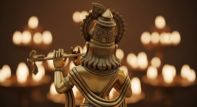 Lord Krishna Golden Statue Playing Flute with Bokeh Lights Background