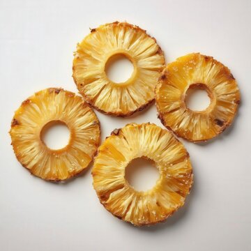 Dried pineapple rings on white background