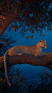A majestic leopard resting on a thick horizontal tree branch at twilight, body stretched naturally along the branch, long tail hanging down vertically with a gentle curve