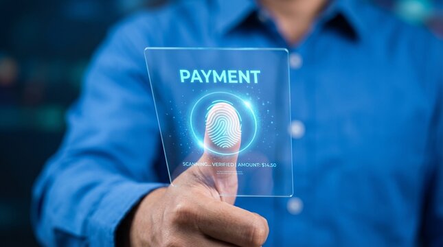 Business professional uses a futuristic holographic glass interface to scan their thumbprint for secure digital payment processing within a modern financial system designed for fast and safe online.