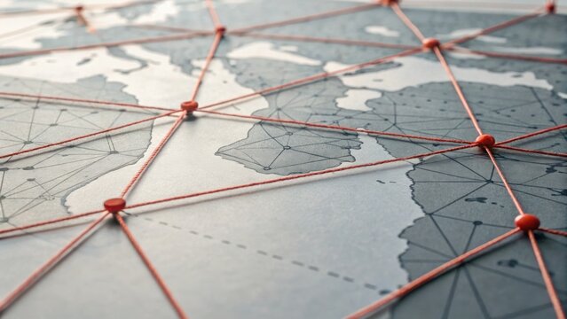 Close-up of a world map with red pins connected by red string, symbolizing global connections and networking.