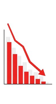 Red bar chart showing a steep decline with a downward arrow stock market upside down statistics graph vertical bars downtrend recession statistics downward business financial decrease