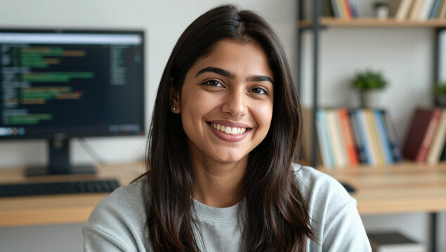 Young woman smiling indoors with computer and bookshelf in background, showing happiness and confidence in casual setting