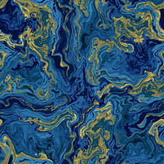 Fototapeta premium Seamless luxury liquid marble pattern with swirling deep blue and metallic gold veins for elegant interior wallpaper, premium product packaging, and sophisticated digital backgrounds