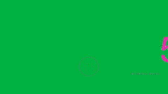 Neon magenta ring entering right, moving left, showing % charts on transparent bg optimizing routes