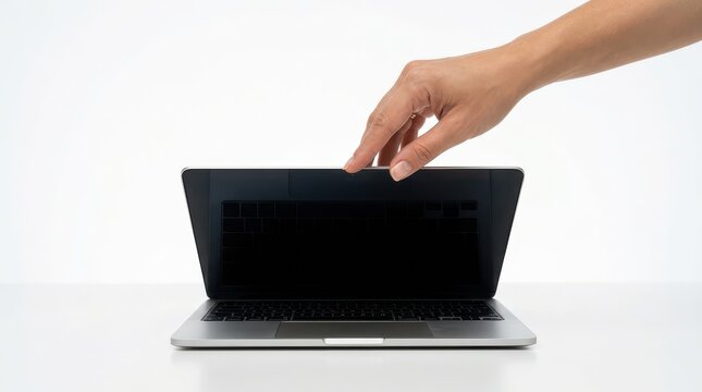Hand opening laptop with blank black screen