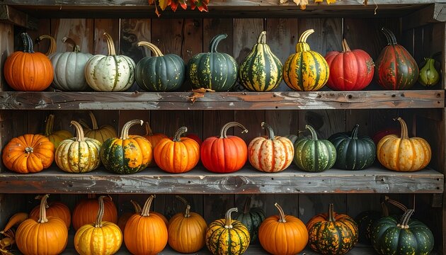 Colorful gourds on shelves