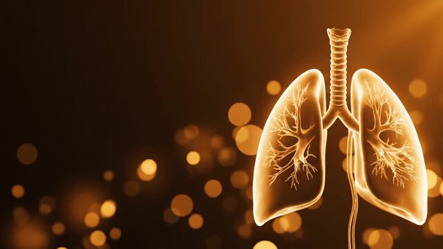 Golden lungs with trachea shine brightly against dark background with bokeh lights