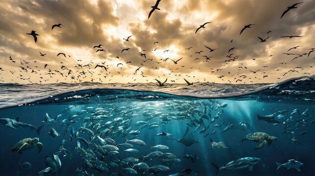 Split view of ocean depicting aquatic animal and bird during biblical creation. Fish and sea turtle swimming underwater while birds fly in sky. Genesis day five, religious concept.