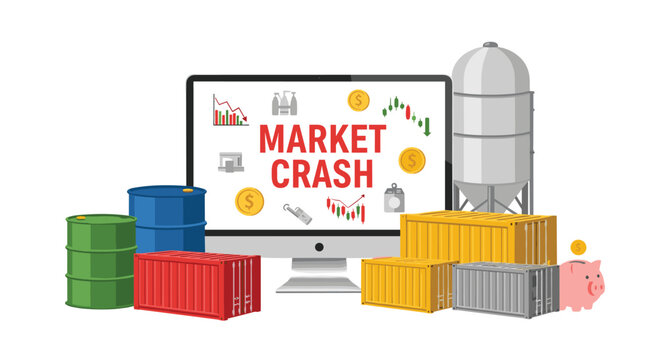 A financial market crash illustration features a computer monitor surrounded by colorful shipping containers and oil barrels on a clean white background.