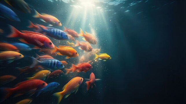 School of vibrant colorful fish swimming in deep blue ocean water. Biblical genesis day five creation concept representing aquatic life and divine beginning of marine animal existence.
