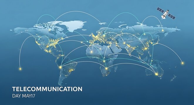 Global telecommunication network with satellite and data flow over Earth on World Telecommunication Day